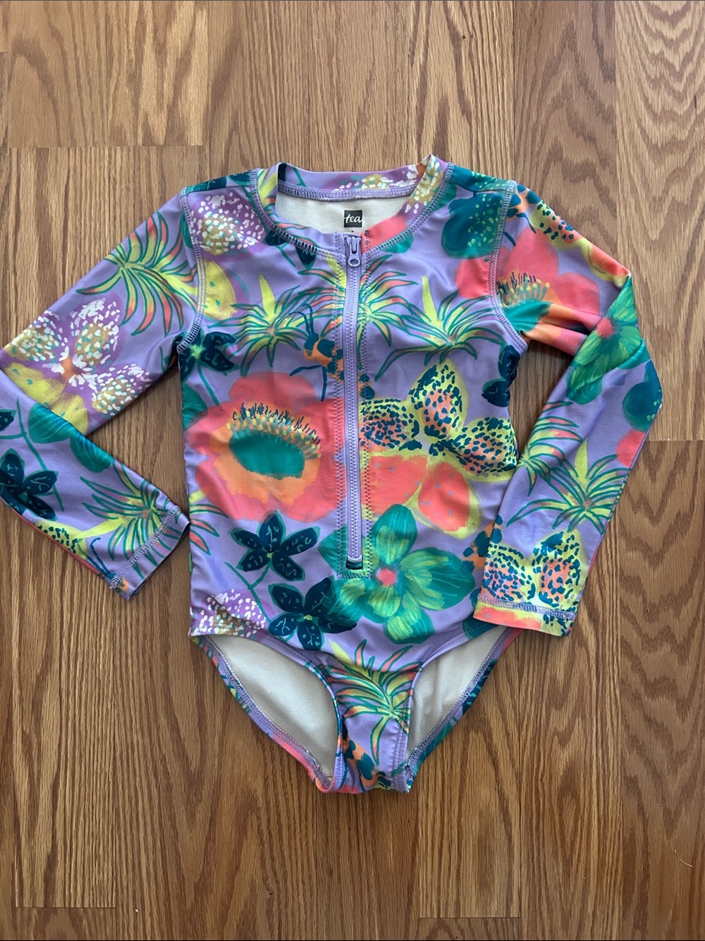 Tea Collection Lavender Tropical Floral Zip-Front Long-Sleeve Swim One-Piece